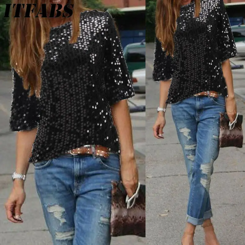 Hot Ladies Sloping Shoulder Glistening Sequin Stylish Chic Slim Shirt Top Shirt Loose Soft Casual Women T Shirts tee shirt femme