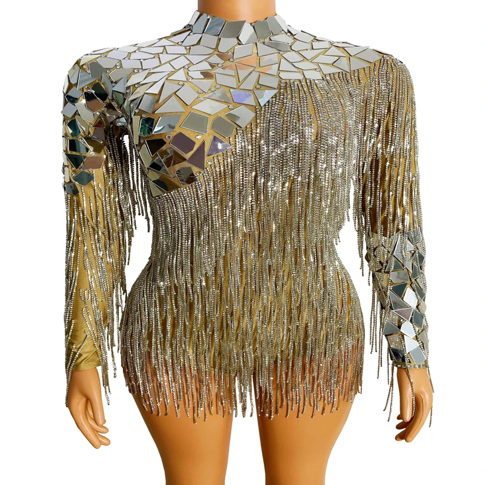 

Sparkly Mirror Rhinestone Chain Bodysuit Birthday Celebrate Backless Costume Evening Women Dancer Fringes Bodysuit