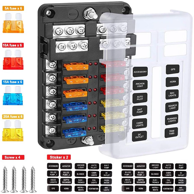 Car Boat Fuse Box Holder with 12 Way Blade Block & Warning Indicator 12V~24V Power Distribution Panel Board