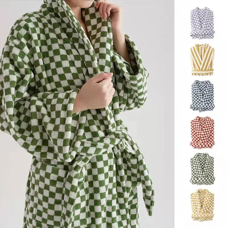 Luxurious Towels Plaid Retro Checkerboard Cotton Bathrobe Women Robe Soft Sleepwear Kimono Warm Bath Robes Coat Towel Homewear