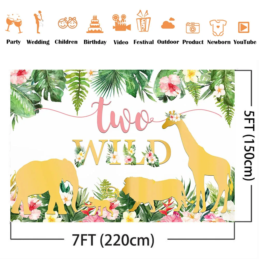 หญิง2nd วันเกิด2ป่าซาฟารีป่าพื้นหลังสีเขียวใบวินาที Birtdhay ภาพพื้นหลัง Photocall Props