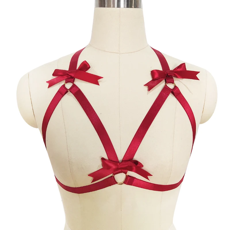 

Red Bow Body Harness Bra Kawaii Open Chest Bondage Fetish Body Cage Pastel Gothic Body Harness Belt