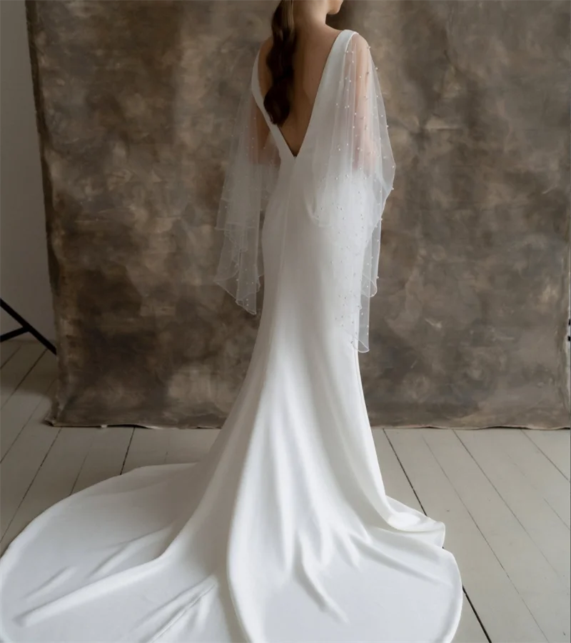 Abito da sposa semplice con scollo a v manica lunga guaina abito da sposa perla raso Boho Backless romantico abiti da sposa abito da sposa