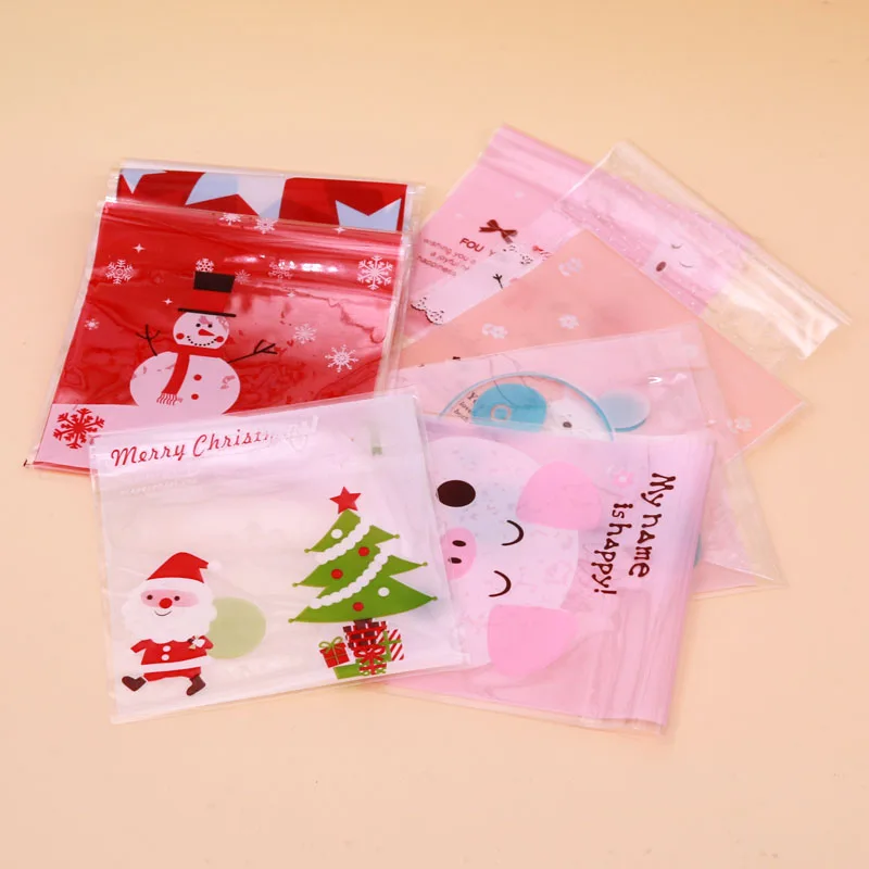 100pcs Christmas Packing Bags For Cookies Sticky Cartoon Santa Claus Party Biscuit Baking jewelry display Packaging 10*10+3cm