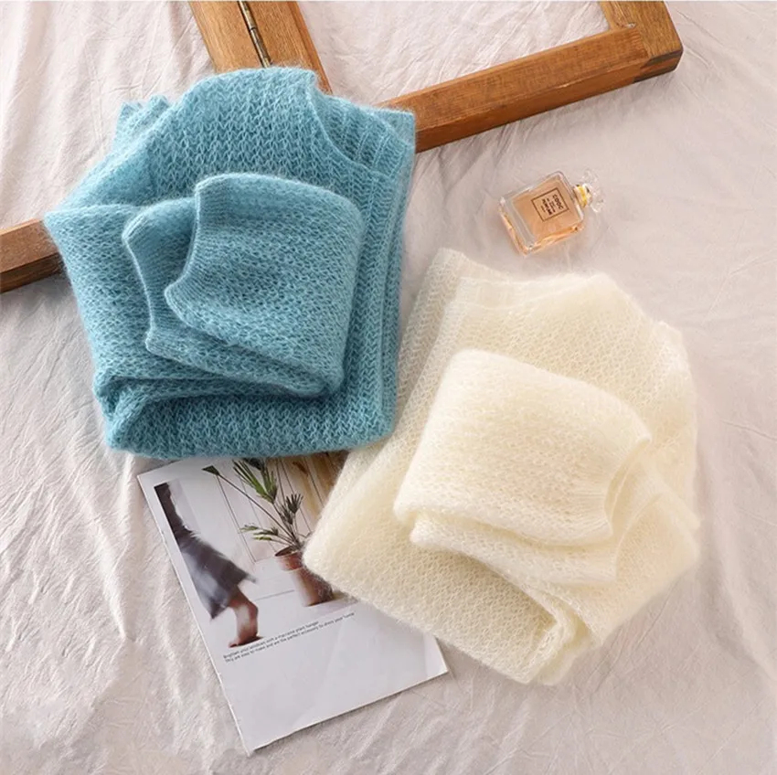 JSXDHK New 2024 Spring Autumn Mohair Blue Thin Sweater Tops Fashion Women O Neck Knitted Hollow Out Soft Loose Pullovers Ladies