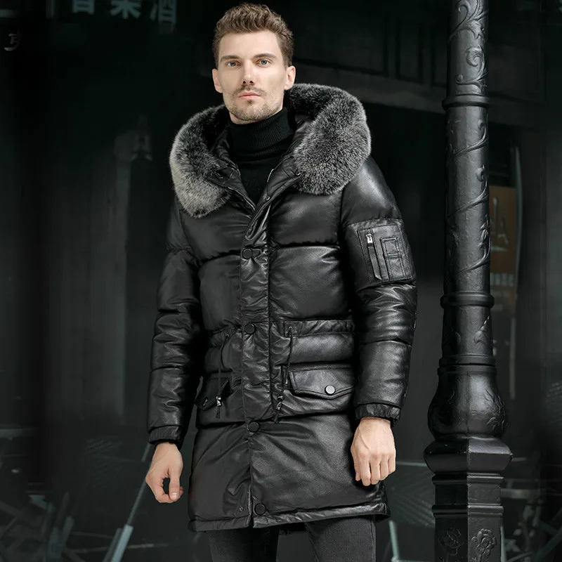 Men Winter 95% White Duck Down Jacket Cowhide Genuine Leather Men\'s Down Long Coat Real Fox Fur Collar -40 Degree Keep Warm 5XL