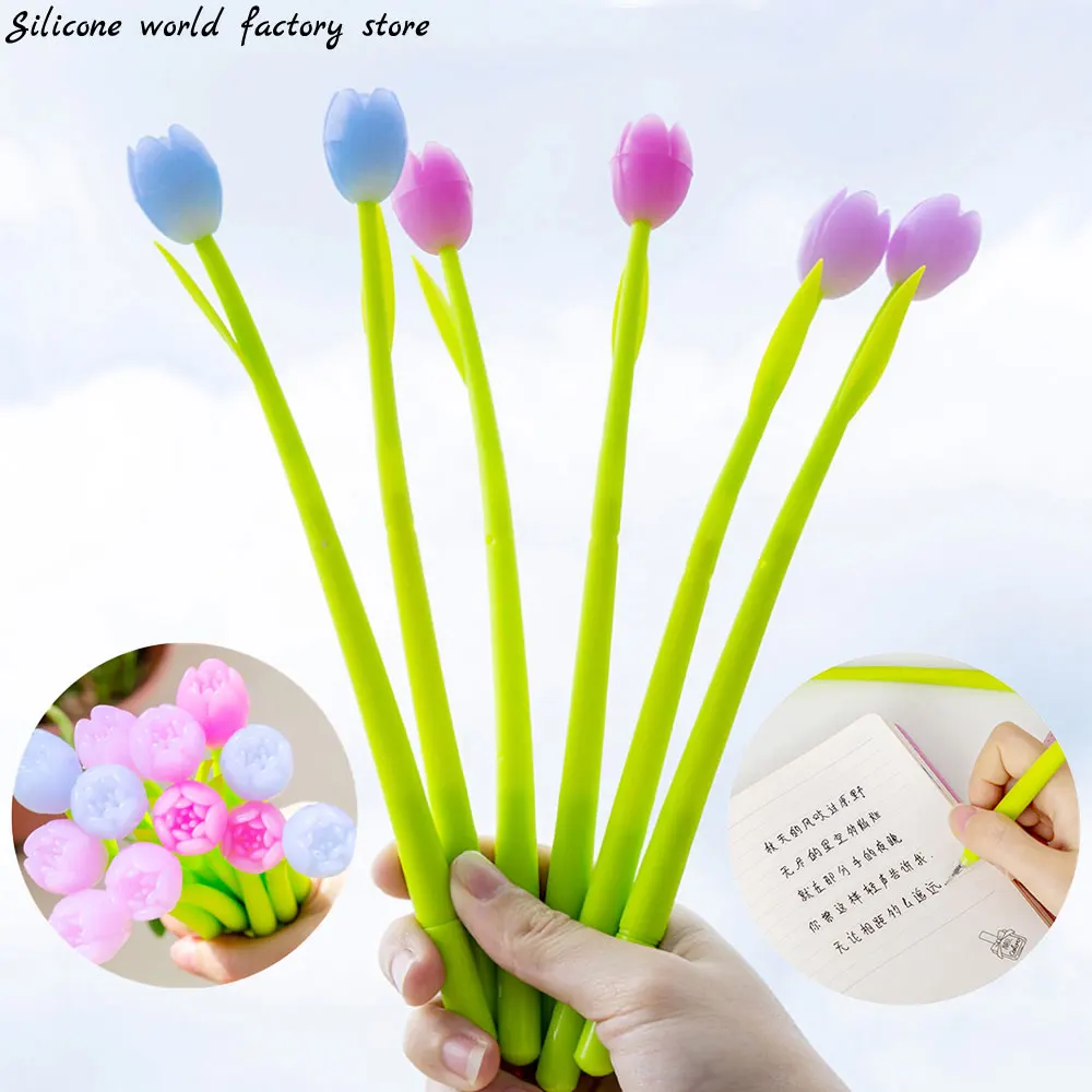 Silicone world Creative Color Changing Tulip Gel Pen Cute Flower Silicone Black Ink Pen 0.38mm Stationery Office School Supplies