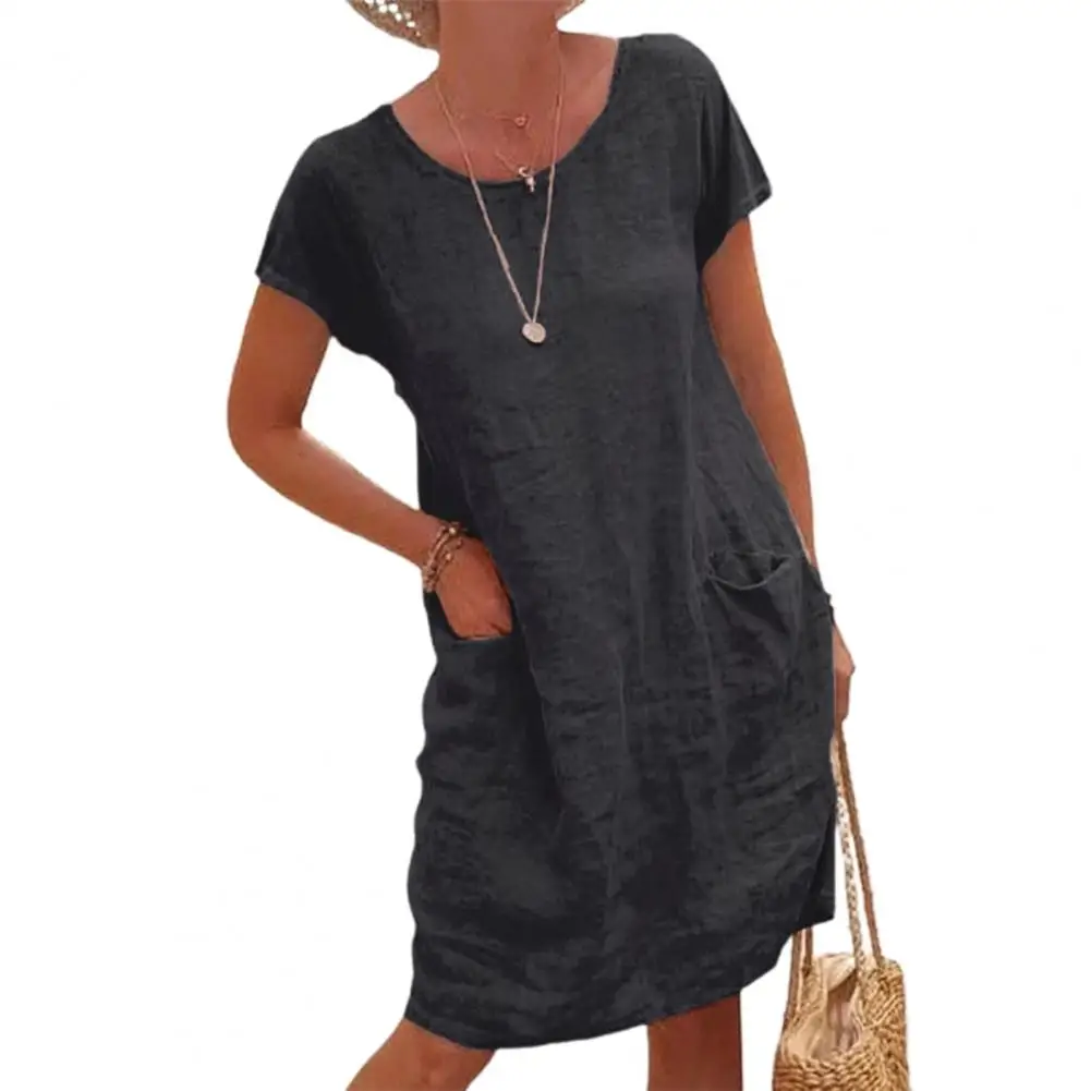 Loose Women Dress Vintage Solid Color Summer Dress Short Sleeve Round Neck Knee Length Dresses