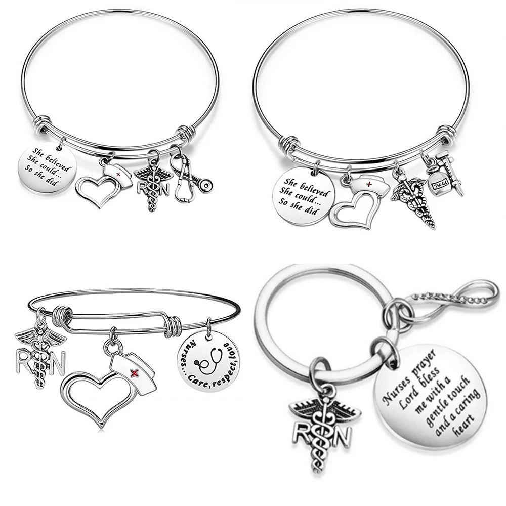 

Medical Series Bracelet Stethoscope Nurse Hat Medical RN Charm Bracelet Nurse Graduation Gift Key Holder