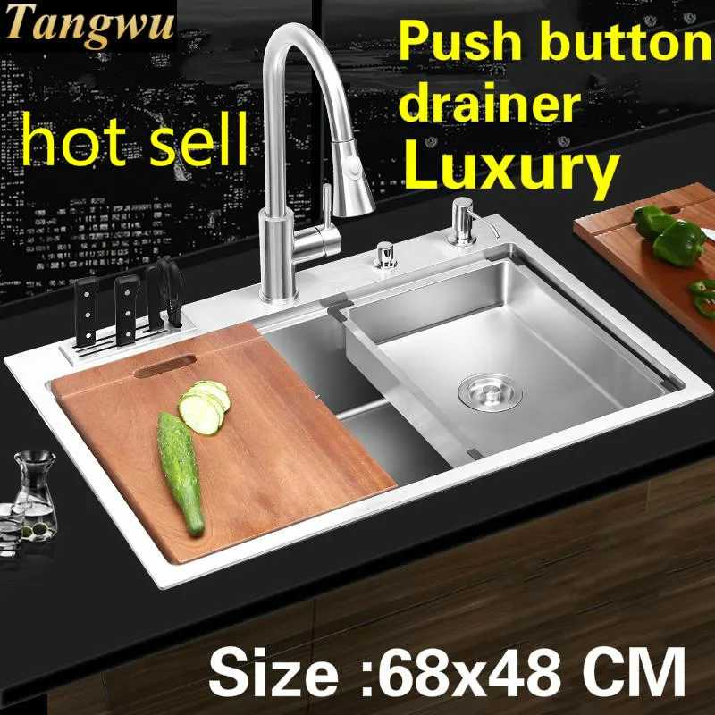 

Free shipping Apartment kitchen manual sink single trough push button drainer luxury 304 stainless steel hot sell 680x480 MM