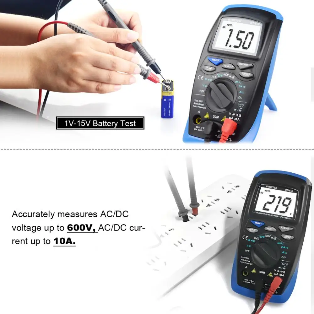 BTMETER BT-41B Digital Multimeter TRMS 6000 Counts AC/DC Current, Voltage, Ohm, Capacitance, Temperature, NCV  Tester Meter