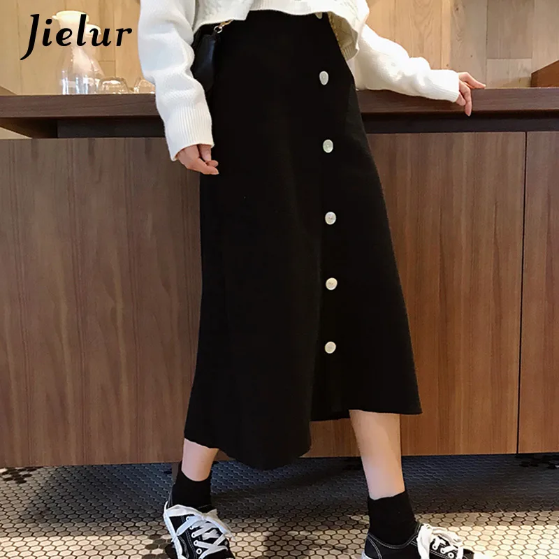 Jielur New Solid Color Skirts Womens Loose Elastic Waist Button Jupe Femme Knitted Autumn Winter Skirt Black Faldas Mujer Moda