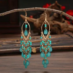 Ethnic Long Acrylic Water Drop Earrings for Women Retro Boho Gold Color Hollow Tassel Earrings Bijoux Femme Accessories