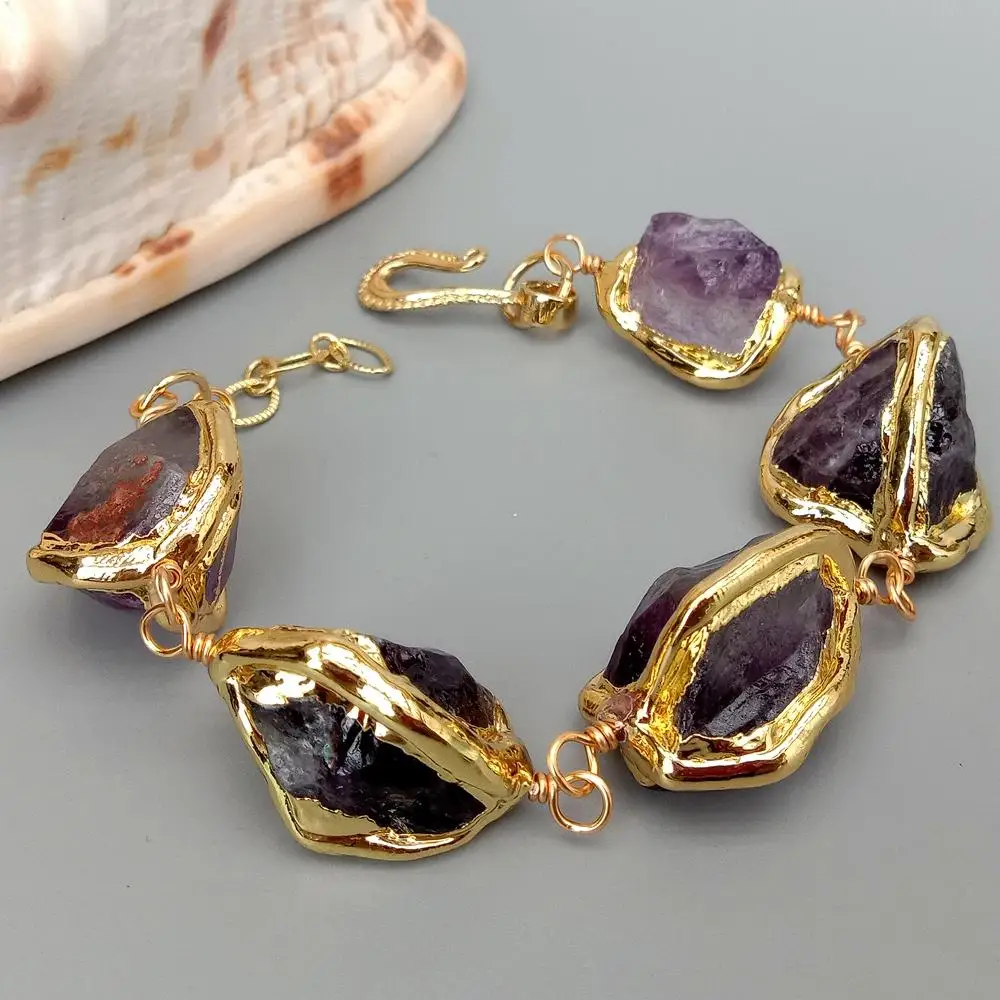 YYGEM Natural Purple Amethyst Rough Nugget With Electroplated Edge Wrap Bracelet 8\
