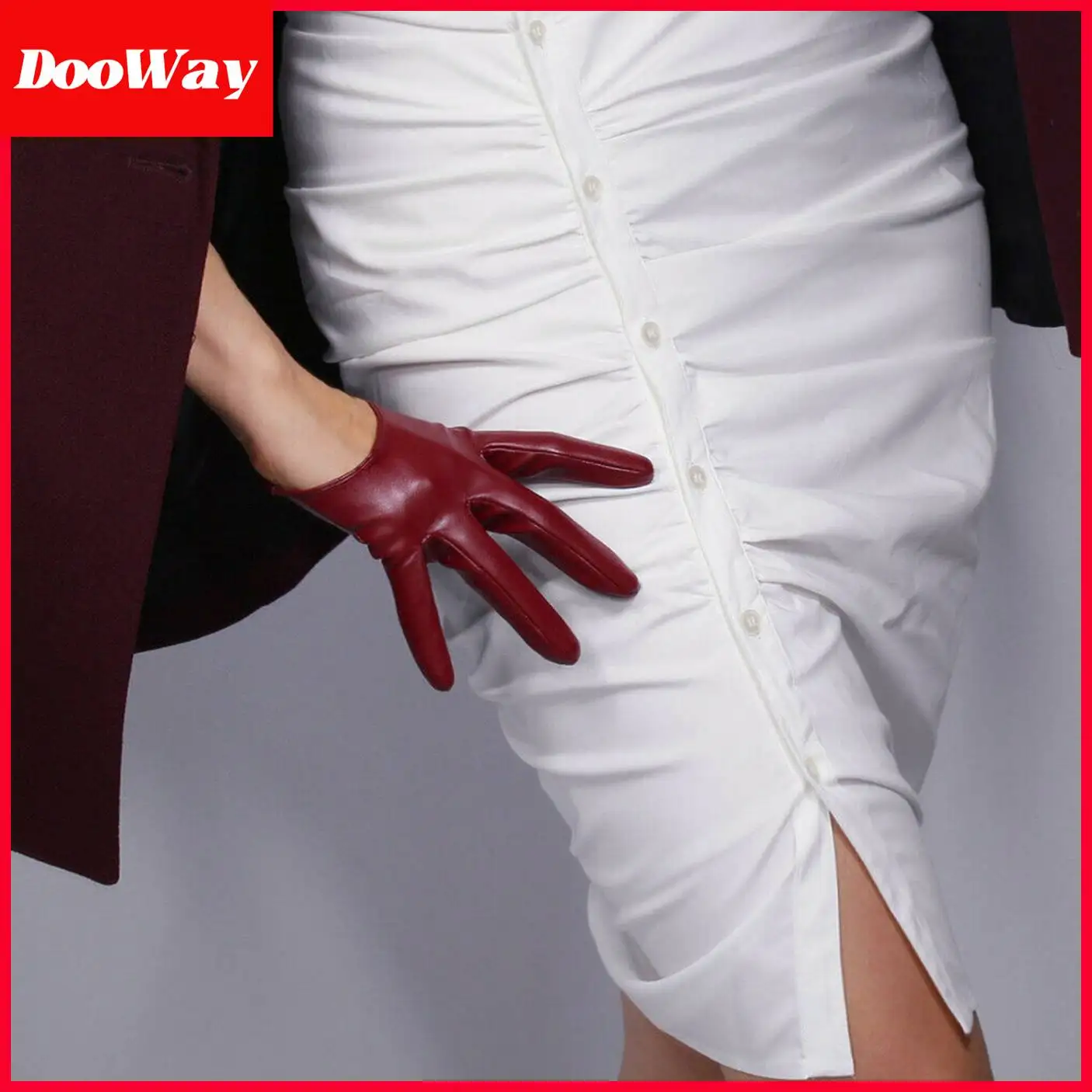 DooWay Women\'s Burgundy Latex Gloves Extra Short Half Palm 5-inch Faux Lambskin PU Dark Red Party Cosplay Evening Dressing Glove