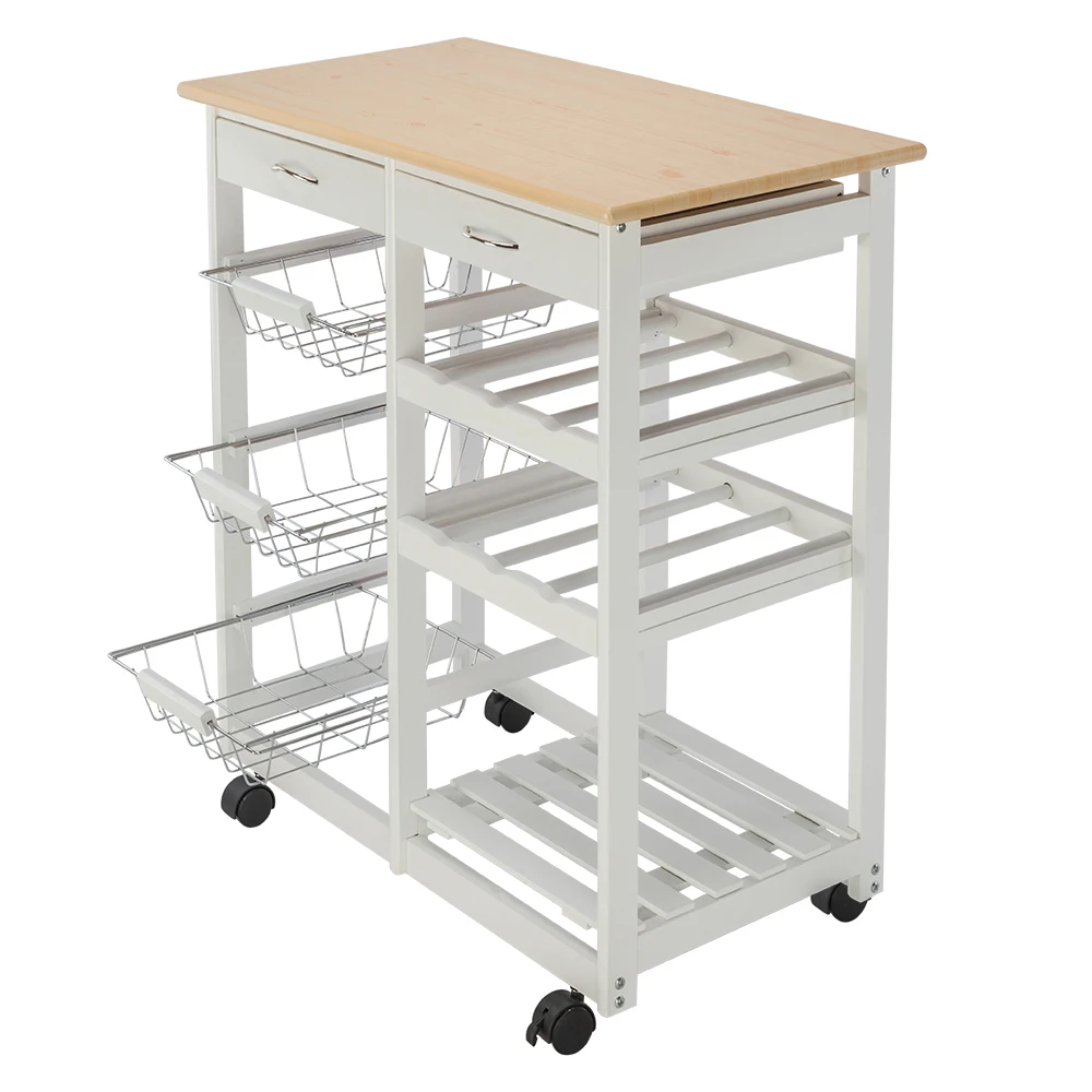 FCH Movable Kitchen Cart Dining Cart  with Two Drawers & Two Wine Racks & Three Baskets White 67 x 37.5 x 76cm