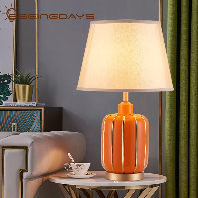 Light Luxury Post-Modern Bedside Lamp Orange and Golden Ceramic American-Style Simple Modern Table Lamp for Bedroom Living Room