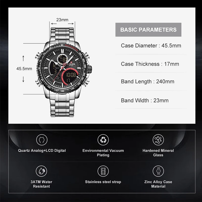 NAVIFORCE Brand Watches for Men Luxury Sport Waterproof Day and Date Display Multi-function Quartz Wristwatches Male Alarm Clock