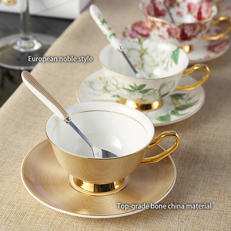 Europe Bone China Coffee Cup Saucer Spoon Set 200ml Luxury Ceramic Mug Top-grade Porcelain Tea Cup Cafe Teaware Party Drinkware