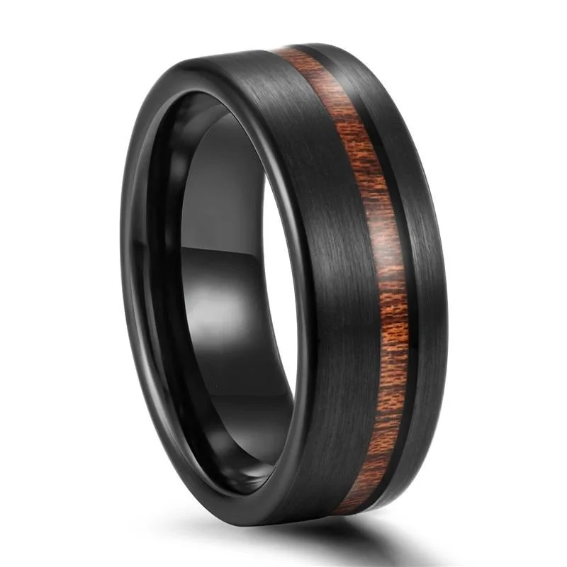 8mm Fashion Men Rings Black Alloy Wood Grain Groove Rings Wedding Anniversary Birthday Gift For Men Jewelry Free Shipping