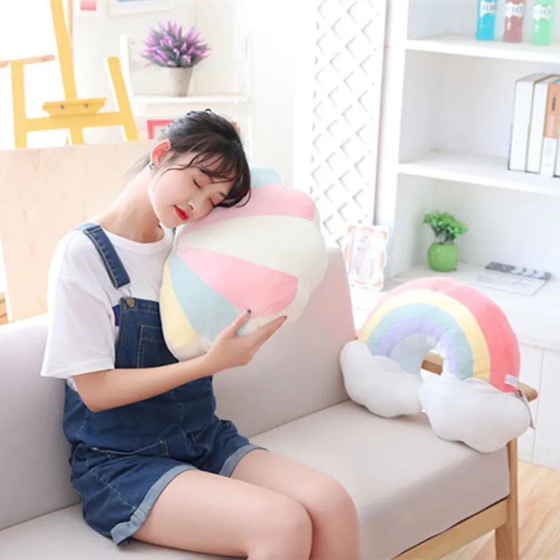 Rainbow Star Shell Nap Pillow Plush Toy Bed Bolster Stuffed Doll Indoor Decoration Sofa Cushion Ornamentation Baby Toy Cute Gift