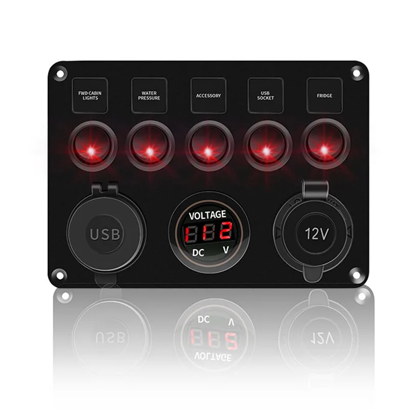 5 Gang Switch Panel Dual USB Port 12V Outlet Combination Waterproof for Car Marine Ship LED Toggle Rocker Switch Panel