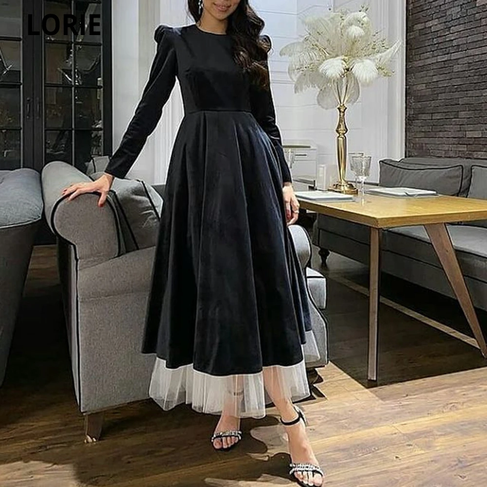 LORIE – robe de soirée noire en Tulle, ligne a, manches longues, col rond, robe de célébrité, 2021