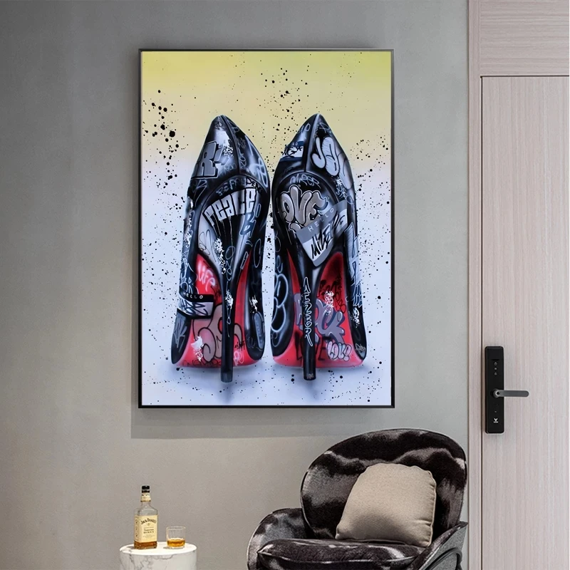 

Modern Graffiti Artwork Women Black High Heels Shoes Canvas Painting on The Wall Pop Street Art Posters and Prints Wall Pictures