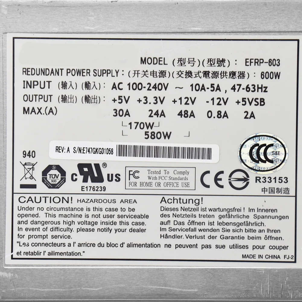 Used for ETASIS EFRP-603 600W Power Server Protective Wall Redundant Power Supply Psu