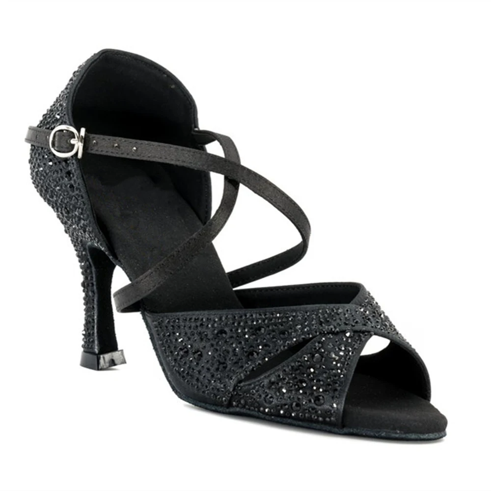 Evkoodance Practice Black Rhinestone Latin Dance Party Shoes Customsize Ladies Salsa Ballroom Dance Shoes for Women 5-10cm Heel