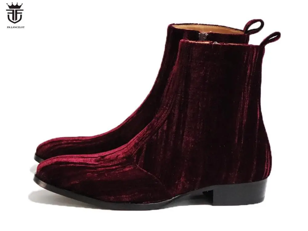 2020 new fashion men booties wine red Chelsea Boots zip up Boots point toe Men\'s party shoes heel 5cm velvet botas