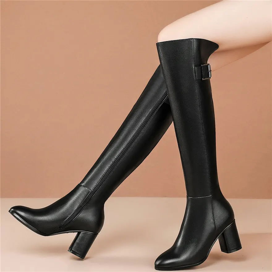 

2021 Thigh High Casual Shoes Women Black Genuine Leather Knee High Boots Female Pointed Toe High Heel Winter Warm Pumps Shoes