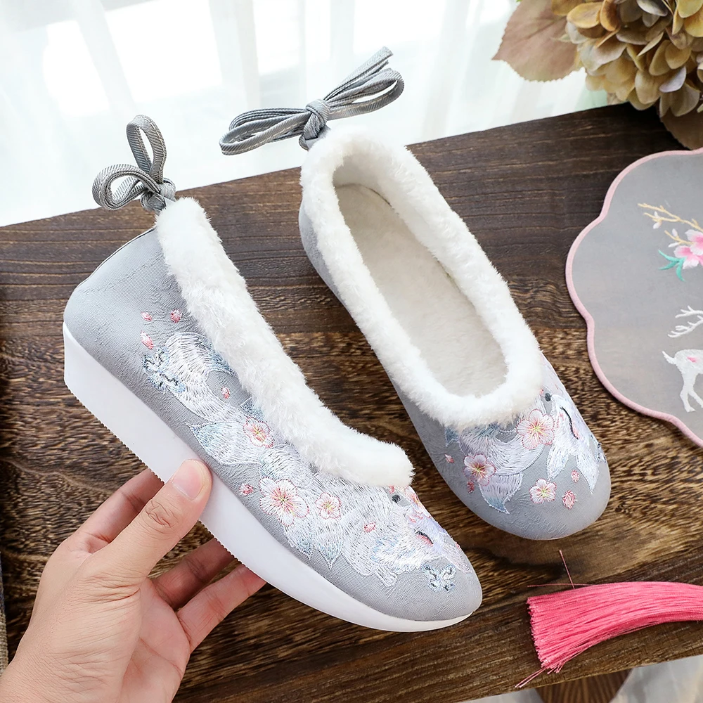 Veowalk Women Cotton Embroidered Soft Platform Flats Comfortable Autumn Winter Faux Fur Lining  Ankle Strap Sneakers Shoes