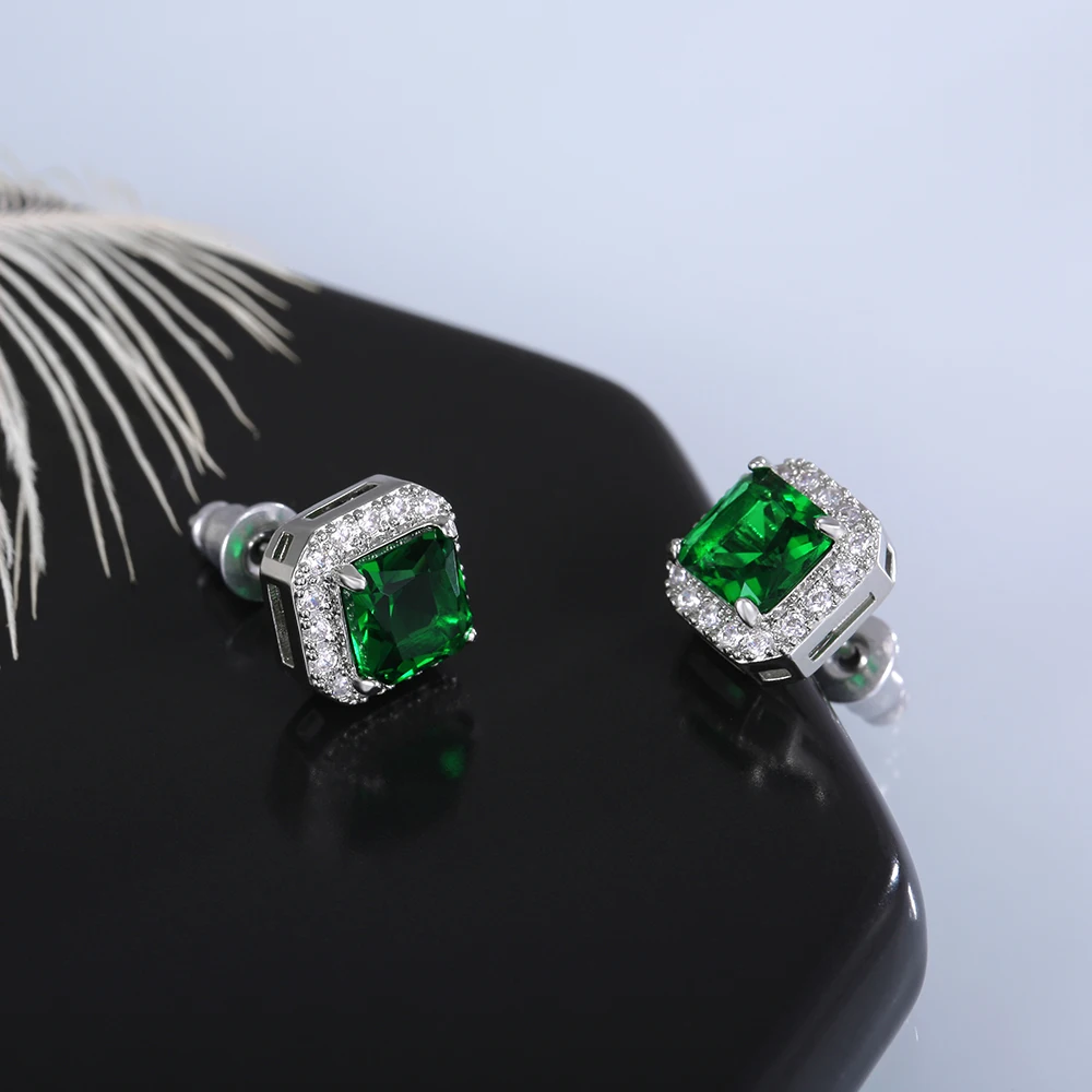 Huitan Ohrstecker mit rechteckigem/quadratischem grünem kubischem Zirkon für Damen, elegante Party-Accessoires, Jahrestagsgeschenk, zeitlose Damen-Ohrringe – Detail 16