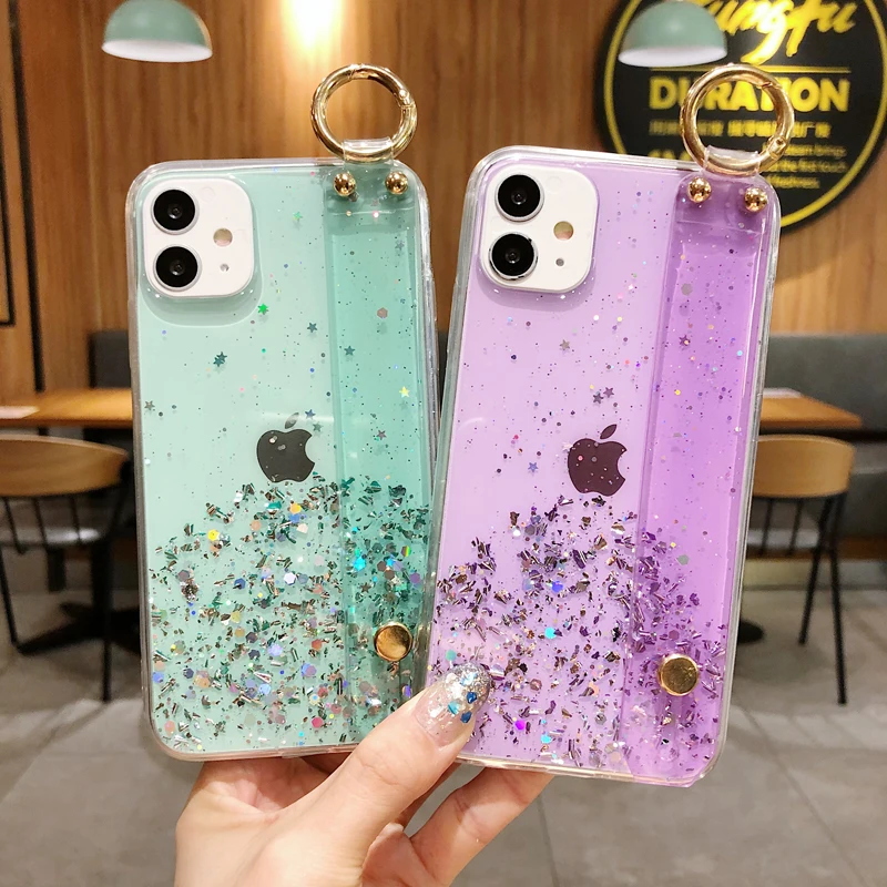 Wristband Phone Case For Xiaomi Redmi Note 10 10S 10 9 9T 9S 8 8T 10X 9C 9A K40 K30 S I Pro Max Ultra-thin Glitter Lanyard Cover