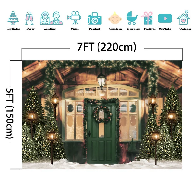 คริสต์มาสฉากหลังสำหรับถ่ายภาพDarkสีเขียวไม้ประตูพื้นหลังPhotocallภาพพื้นหลังคริสต์มาสตกแต่งต้นไม้