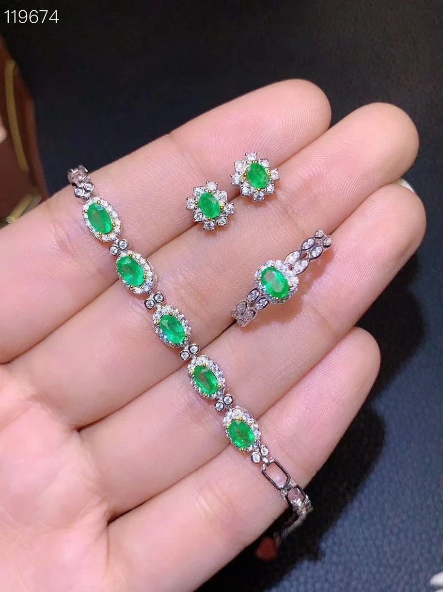 KJJEAXCMY fine Jewelry 925 sterling silver inlaid natural Emerald noble ring earring bracelet set support test Chinese style