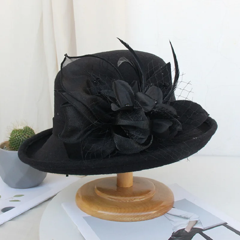 2021 frauen Warme Wolle Filz Blumen Hut Damen Breiter Krempe Hut Herbst Winter Edle Elegante Mädchen Mode Party Kappe Dekoration – Detail 13