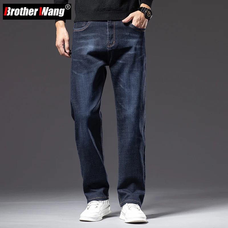 

Autumn Men's Dark Blue Straight-leg Brand Jeans Classic Style Business Casual Cotton Stretch Denim Pants Male Plus Size 40 42 44