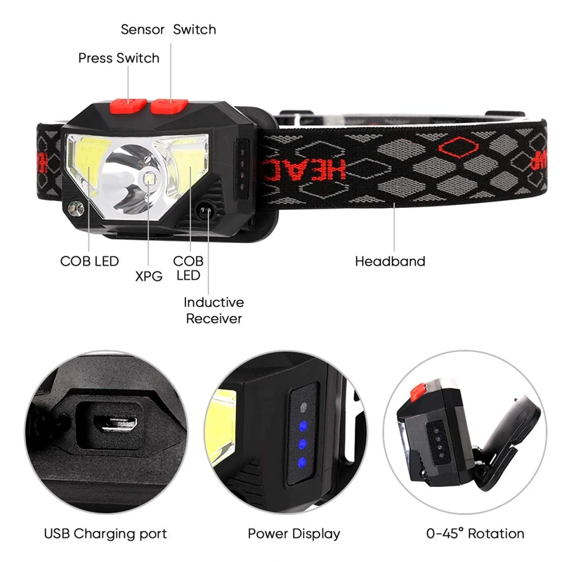 2 pack Powerful LED Headlight Sensor Head Light USB Rechargeable Headlamp Head Torch Waterproof Flashlights  for Camping Hiking