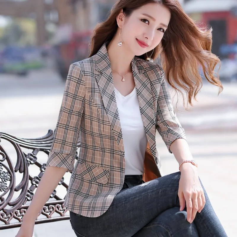 Plaid Blazer Female British Casual Short Small Suit Spring Office Lady Single Button Three Quarter Women's Suit Lattice Jacket