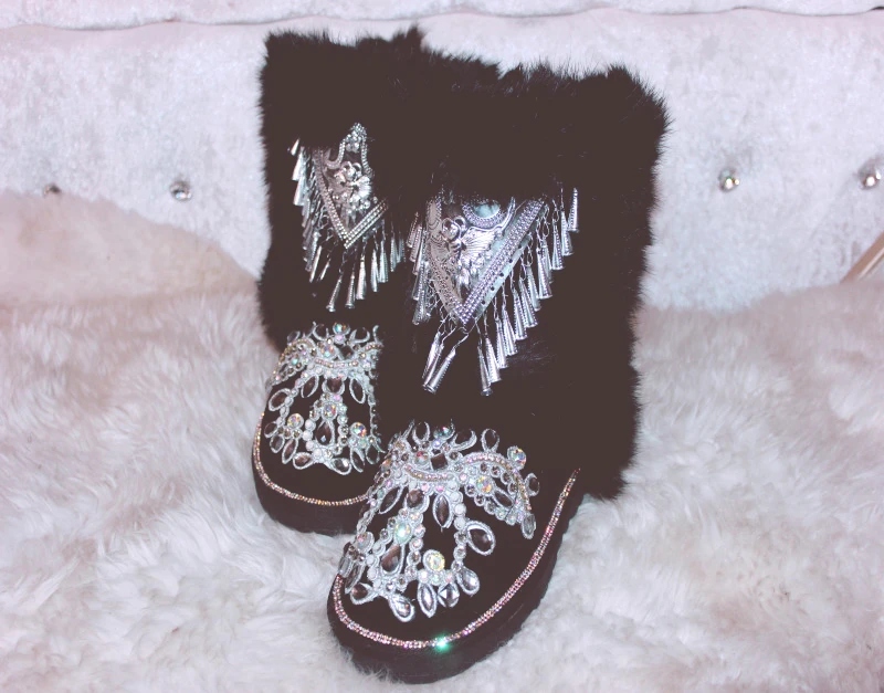 Handmade Silver Folk Bells Embellished Snow Boots Woman Real Fur Suede Leather Eskimo Super warm Bling Rhinestones Winter Boots