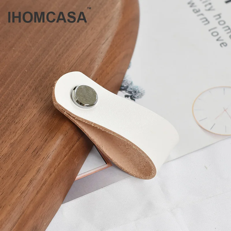 IHOMCASA Bianco Manico In Pelle Ferramenta Per Mobili Porta Del Cassetto Armadio Da Cucina Manopole Armadio di Scarpe Cabinet Pelle Bovina Tira