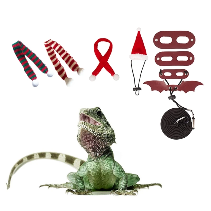 Bearded Dragon Christmas Hat & Scarf Leash and Harness from Baby to Juvenile Leather Walking Leash L 3 Pack