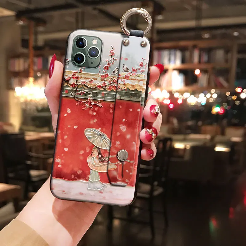 Drawing Handband Case for Huawei Mate 40 30 Pro P40 P30 P20 Honor 50 30i Plus 20i Nova 5T Soft Silicon Floral Wrist Strap Cover