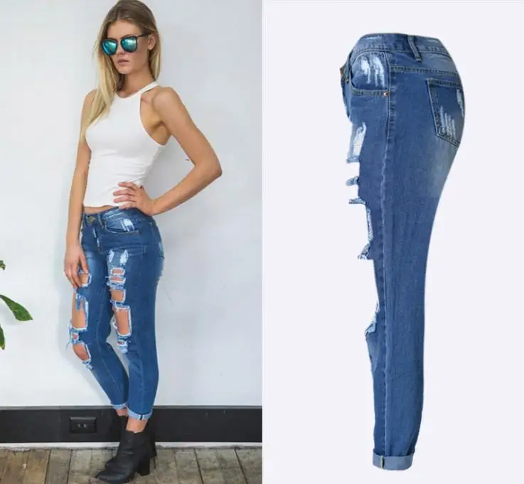 2022 Lente Mode Gebleekte Gescheurde Jeans Vrouwen Katoen Denim Slanke Elasticiteit Skinny Broek Snor Effect Vintage Jeans Femme