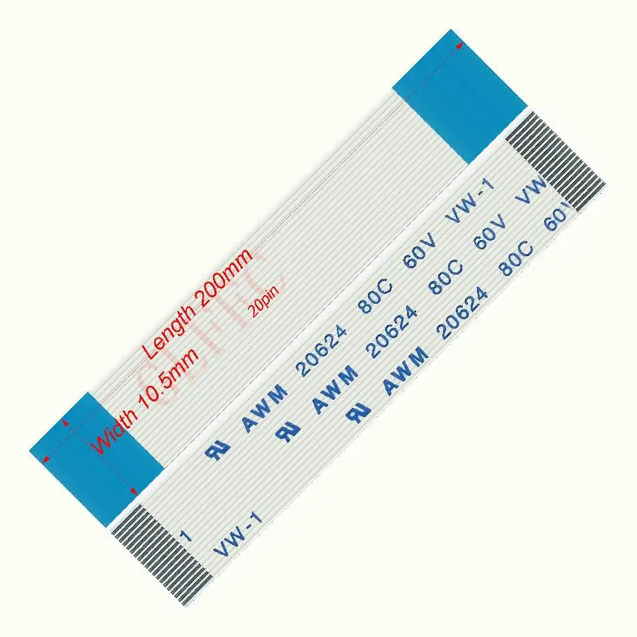 20pin 0.5pitch 200mm-550mm A-type Flexible Flat Cable FFC awm 20624 ROHS for TTL LCD DVD Computer