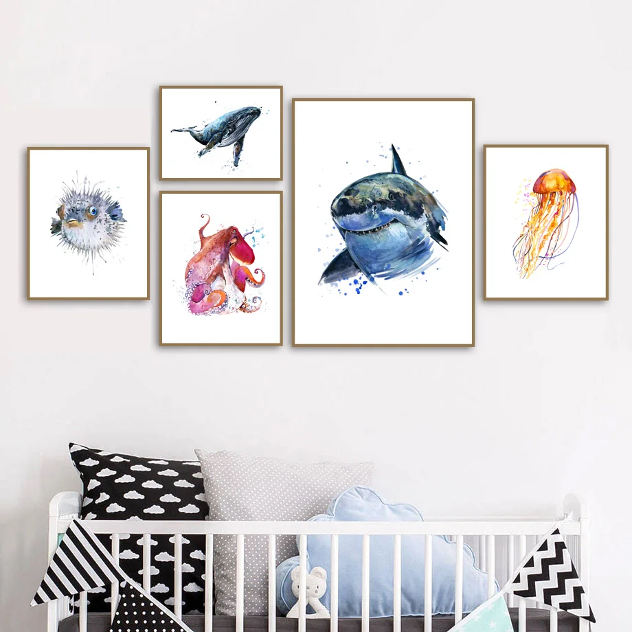 Whale Shark Jellyfish Octopus Dolphin Fish Nordic Posters And Prints Wall Art Canvas Painting Wall Pictures Baby Kids Room Decor