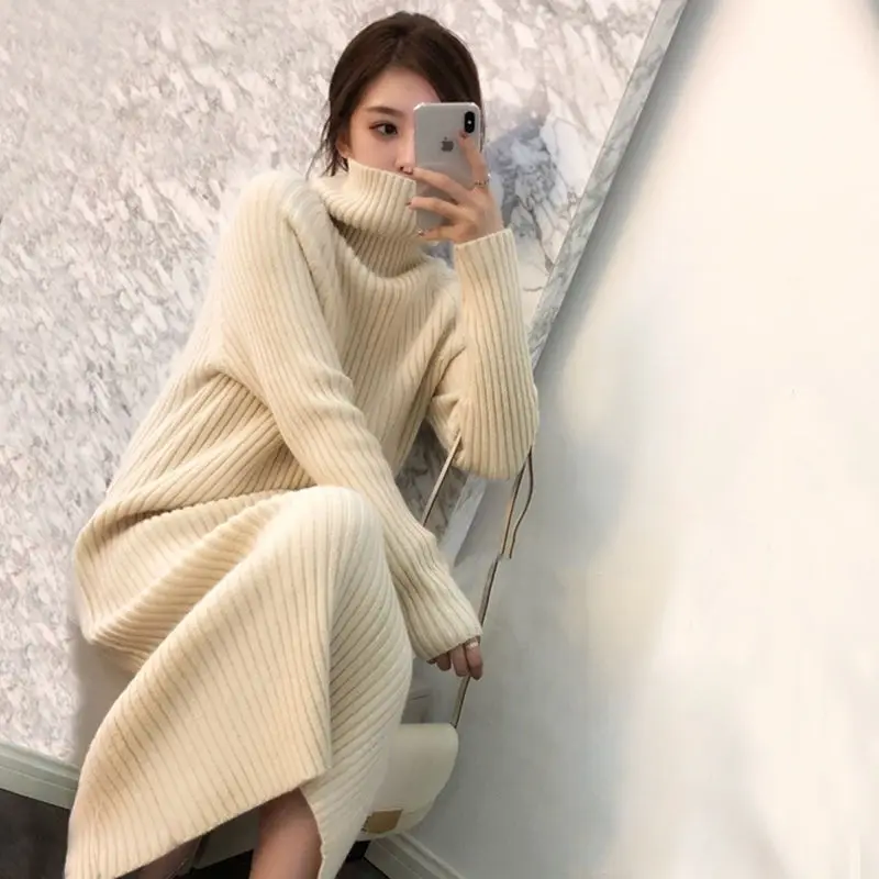 Turtleneck Elegant Party Casual Autumn Knitted Korean Solid Winter Dresses Sweater Dress Women Thick Warm 2021 Woman Clothing