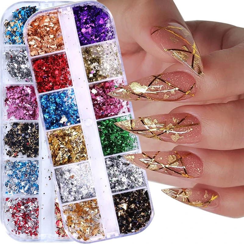 12 Color Gold Foils Gorgeous Nails Glitter Random Aluminum Flakes Paillette Chip Nail Design Shinny Sparkles Nail Art Decoration